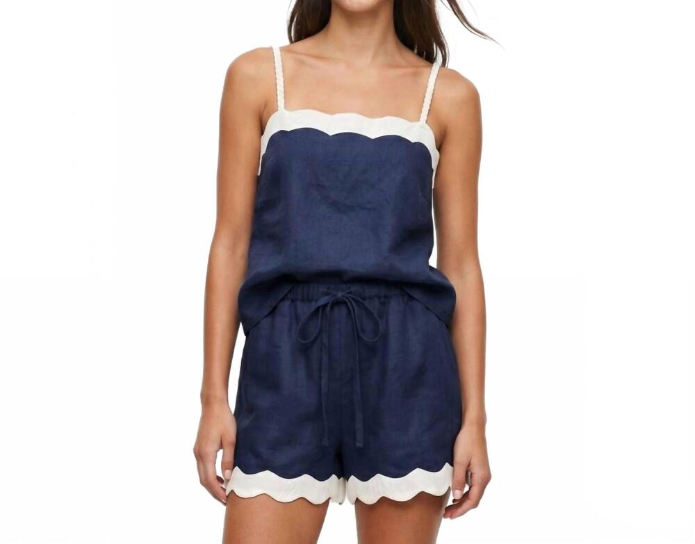 NEW NAKED ZEBRA scallop trim linen tank top in navy